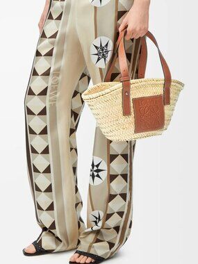Loewe small basket bag in palm leaf and brown calfskin